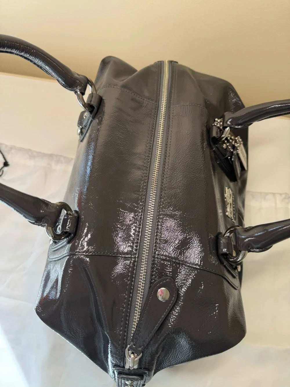 NWOT - Coach Madison Sabrina Satchel in Graphite Patent Leather with Dust Bag